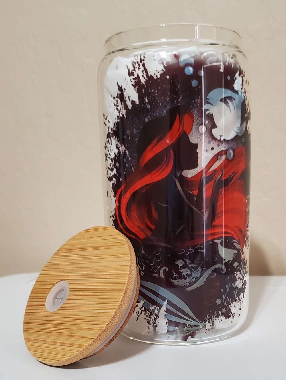 Mermaid Graphic Glass Canister with Bamboo Lid - Red & Black
